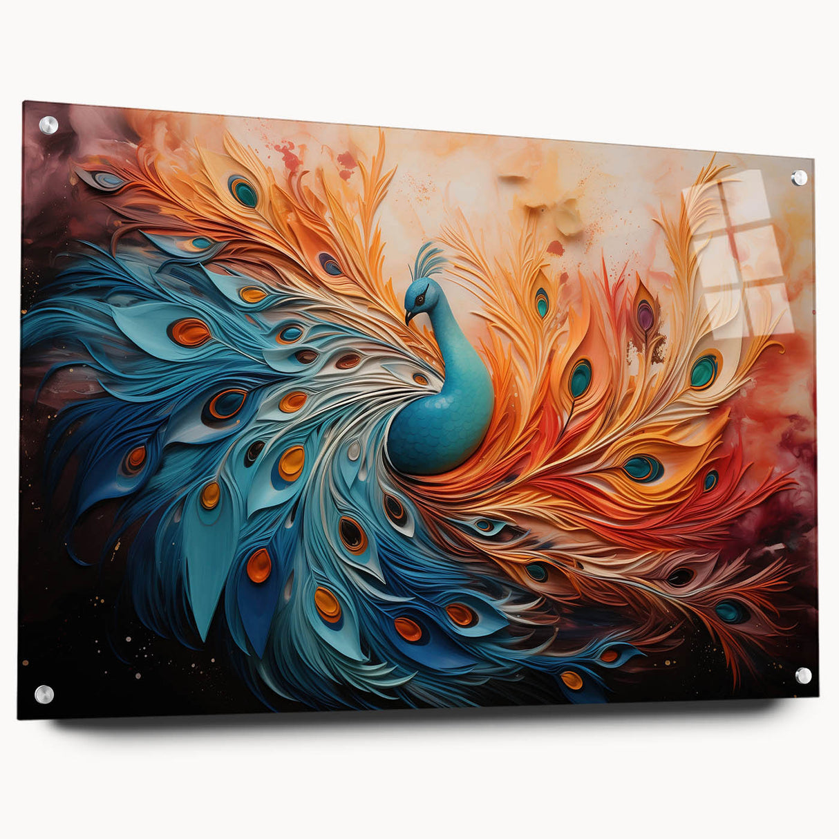 Acrylic wall art displaying a vibrant peacock design with intricate details, showcased in a side view with decorative pins, perfect for modern home decor.