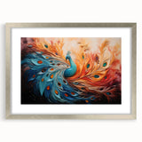 Peacock design wall art in a silver frame with a mat, showcasing vibrant colors and intricate details, perfect for adding elegance to any space.