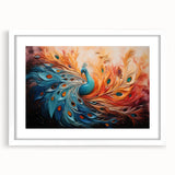 Peacock design wall art framed with a white mat, showcasing vibrant colors and intricate details, perfect for adding elegance to any room decor.