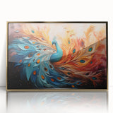 Framed wall art showcasing a vibrant peacock design in gold and blue hues, featuring an elegant acrylic front. Perfect for adding a touch of luxury to modern decor.
