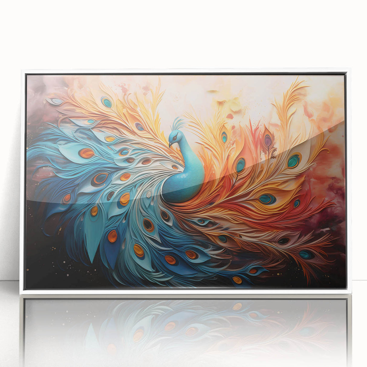 Framed wall art featuring a vibrant peacock design with intricate details in shades of blue and green, showcasing elegant feathers against a white background. Ideal for adding a touch of nature-inspired decor to any room.