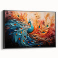 Framed canvas wall art showcasing an elegant peacock design in vibrant colors, set against a sleek black frame, perfect for modern decor and artistic expression.
