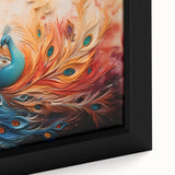 Close-up of a framed canvas wall art featuring a vibrant peacock design, showcasing intricate details and rich colors, perfect for stylish home decor.