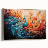 Framed canvas wall art showcasing an elegant peacock design with intricate gold detailing, displayed in a modern setting, perfect for enhancing home decor.