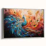 Framed canvas wall art showcasing a vibrant peacock design in silver hues, elegantly displayed from the side, ideal for enhancing modern home decor.