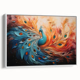 Framed canvas wall art featuring a vibrant peacock design with intricate details and bold colors, displayed against a white background for an elegant look.