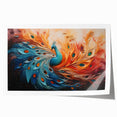 Vibrant peacock design wall art print showcasing intricate feather details in rich blues and greens, ideal for home decor enthusiasts seeking a touch of elegance.