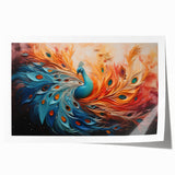 Vibrant peacock design wall art print showcasing intricate feather details in rich blues and greens, ideal for home decor enthusiasts seeking a touch of elegance.