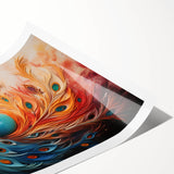 Vibrant peacock design wall art print showcasing intricate details and rich colors, perfect for adding a touch of elegance to home decor. Rolled for easy display.