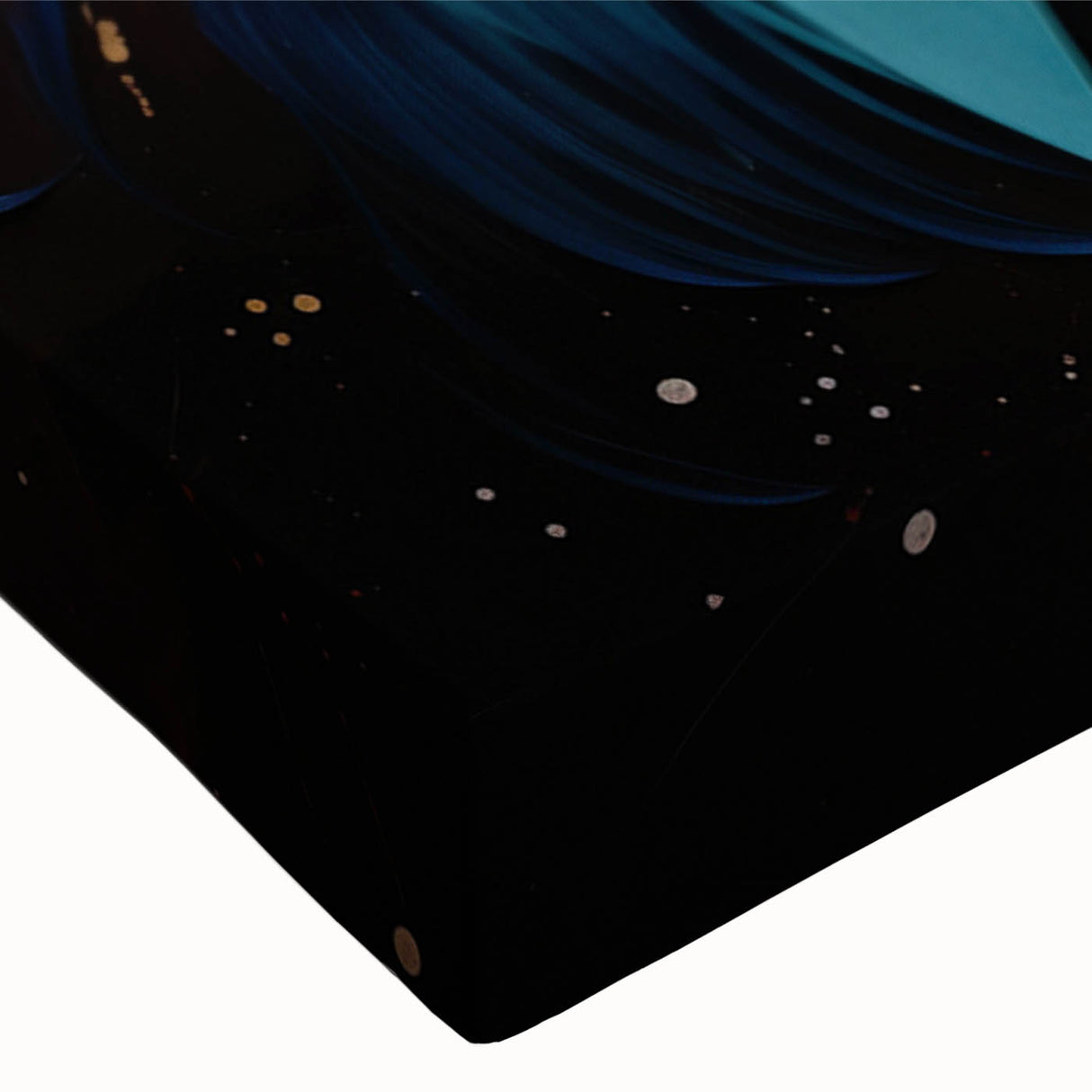 Close-up of a vibrant peacock design stretched canvas wall art, showcasing intricate details in rich blues and greens, perfect for enhancing home decor.