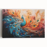 Vibrant peacock design stretched canvas wall art showcasing intricate feather patterns in rich blues and greens, perfect for enhancing modern decor.