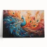 Vibrant peacock design stretched canvas wall art featuring rich colors and intricate details, ideal for adding a touch of elegance to home decor.