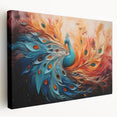 Vibrant stretched canvas wall art showcasing an intricate peacock design, featuring rich blues and greens, perfect for home decor enhancement.