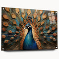 Vibrant peacock-themed wall art design in acrylic glass, showcasing rich colors and intricate details, displayed from a side view with decorative pins.