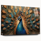 Vibrant peacock-themed wall art design in acrylic glass, showcasing rich colors and intricate details, displayed from a side view with decorative pins.