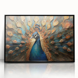 Framed wall art featuring an elegant peacock design in vibrant colors, set in a sleek black frame, perfect for adding a touch of sophistication to any decor.