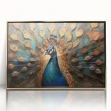 Framed wall art featuring a vibrant peacock design in gold and blue hues, showcasing intricate feather details, ideal for home decor or art collections.