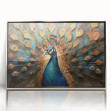 Framed wall art featuring a vibrant peacock design in rich colors, showcasing intricate details and elegant silver framing, perfect for adding a touch of sophistication to any decor.