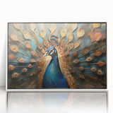 Framed wall art showcasing a vibrant peacock design on acrylic, featuring intricate details and a modern white frame, perfect for enhancing home decor.