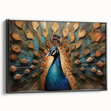 Framed wall art featuring a vibrant peacock design in rich colors, showcasing intricate details on textured canvas with a stylish black frame, perfect for home decor.