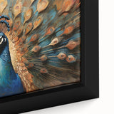 Close-up of a framed canvas wall art featuring an intricate peacock design with vibrant colors and detailed feather patterns, ideal for enhancing home decor.
