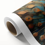 Vibrant rolled canvas art featuring an intricate peacock design in rich blues and greens, perfect for adding a touch of elegance to any space.
