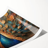 Vibrant peacock design wall art print showcasing intricate feather details and bold colors, ideal for home décor, rolled for easy display and storage.