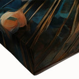 Close-up of a vibrant peacock design on stretched canvas wall art, showcasing intricate details and rich colors, perfect for enhancing home decor.