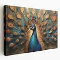 Vibrant peacock design stretched canvas wall art showcasing intricate feather details in rich blues and greens, perfect for enhancing home decor.