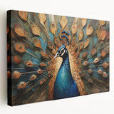 Vibrant peacock design stretched canvas wall art showcasing intricate feather details in rich blues and greens, perfect for enhancing home decor.