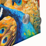 Close-up of an elegant peacock design wall art piece, showcasing vibrant colors and intricate details, perfect for enhancing modern decor in any living space.