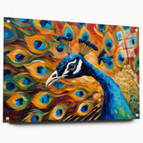 Vibrant wall art featuring a peacock design on acrylic glass, showcasing vivid colors and intricate details, elegantly displayed with pins for modern decor.