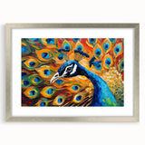 Framed wall art featuring an elegant peacock design in vibrant colors, set in a silver frame with a mat, ideal for enhancing home decor. Perfect for bird enthusiasts and art lovers alike.