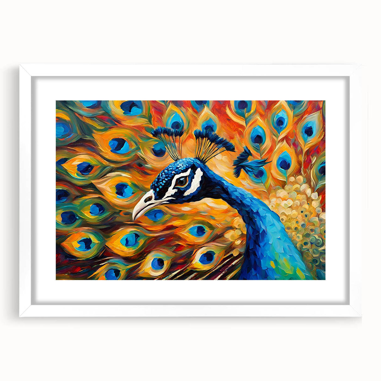 Elegant peacock design wall art in a white frame with matting, showcasing vibrant colors and intricate detailing, perfect for enhancing modern decor.