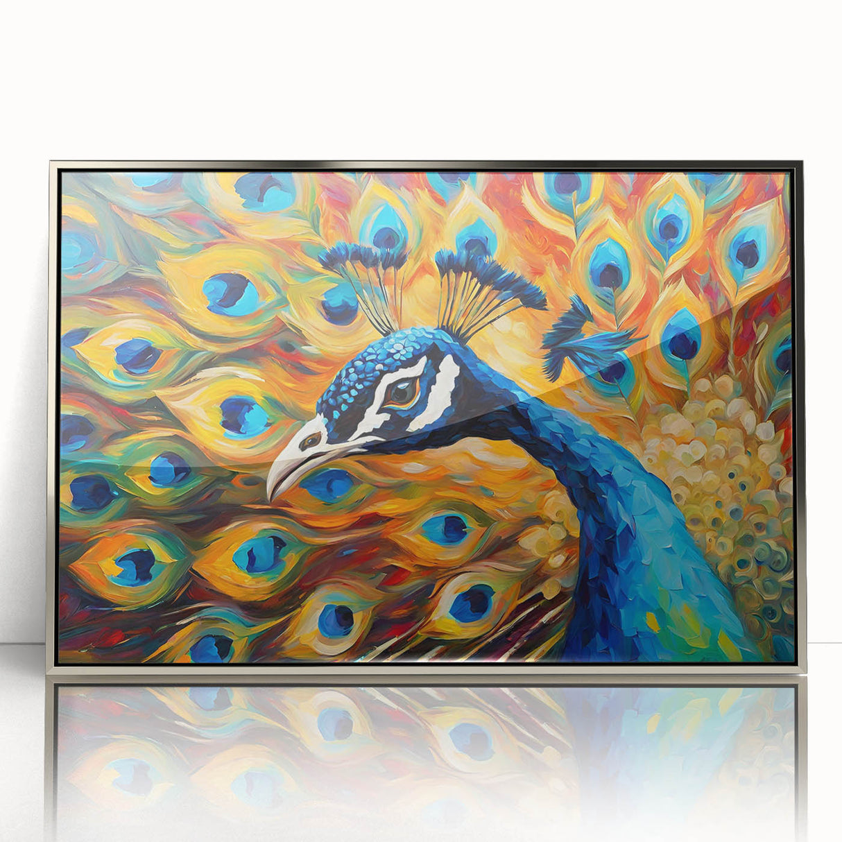 Framed wall art featuring an intricate peacock design in vibrant colors, elegantly set in a silver frame, perfect for enhancing modern decor. Ideal for art lovers seeking unique home accents.
