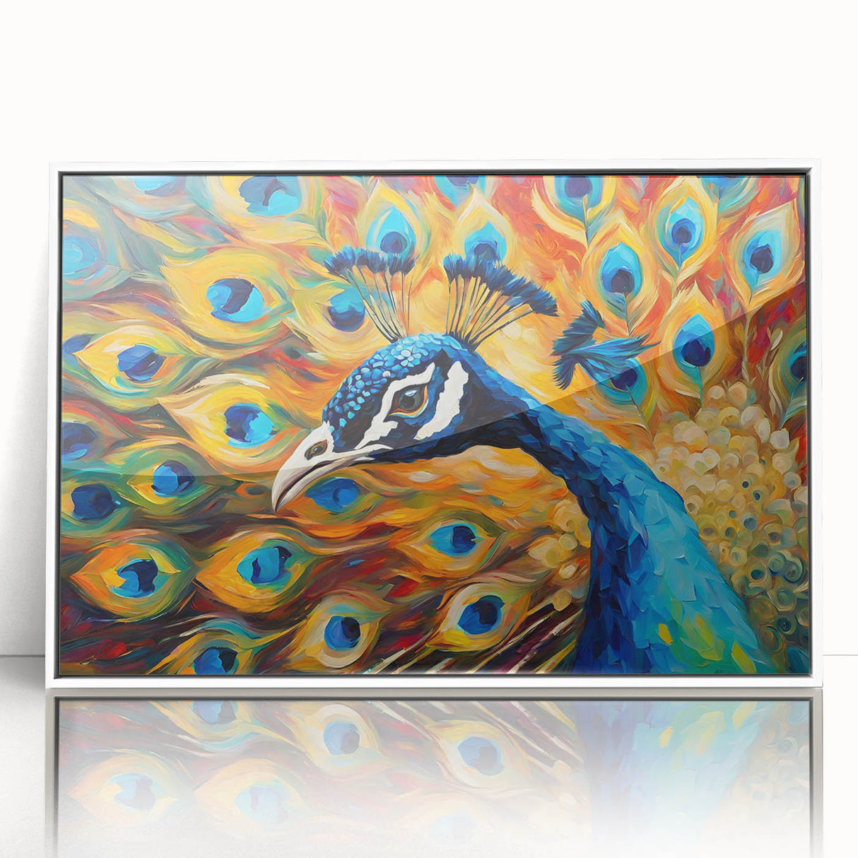 Framed wall art featuring a vibrant peacock design in acrylic with a sleek white frame, perfect for adding a touch of elegance to any decor.