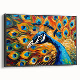Framed wall art featuring a vibrant peacock design on canvas, showcasing intricate details and rich colors. The artwork is presented from a black side view, emphasizing its elegant frame and artistic appeal, ideal for enhancing home decor.