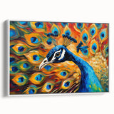 Framed canvas wall art featuring an intricate peacock design with vibrant colors, showcased in a white frame, perfect for enhancing modern home decor.