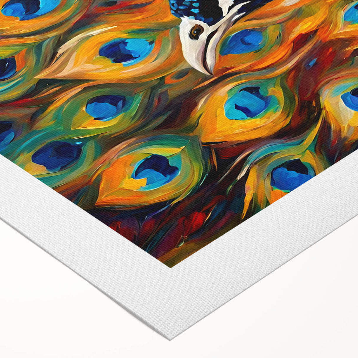 Vibrant rolled canvas featuring an intricate peacock design in rich colors, perfect for adding a touch of elegance to any room decor. Ideal for art enthusiasts.