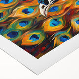 Vibrant rolled canvas featuring an intricate peacock design in rich colors, perfect for adding a touch of elegance to any room decor. Ideal for art enthusiasts.