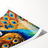 Vibrant peacock design wall art print showcasing intricate feathers and rich colors, rolled for easy shipping in a protective tube, perfect for home decor.