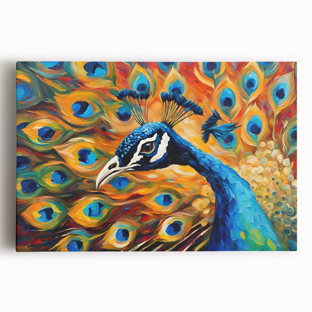 Vibrant stretched canvas wall art featuring an intricate peacock design in rich blue and green hues, ideal for enhancing modern home decor aesthetics.