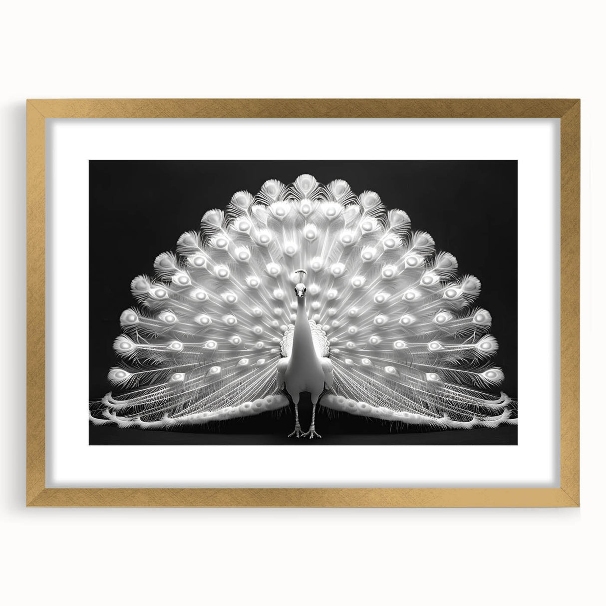Elegant gold-framed wall art featuring a vibrant peacock design, perfect for adding a touch of sophistication to home decor. Ideal for nature-inspired interiors.