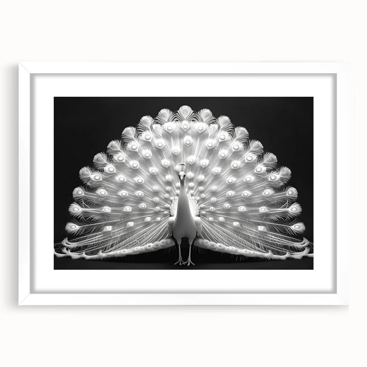 Elegant peacock design wall art framed in white, featuring intricate details and vibrant colors, perfect for enhancing home décor aesthetics. The mat adds a polished touch, making it an ideal centerpiece for any living space.