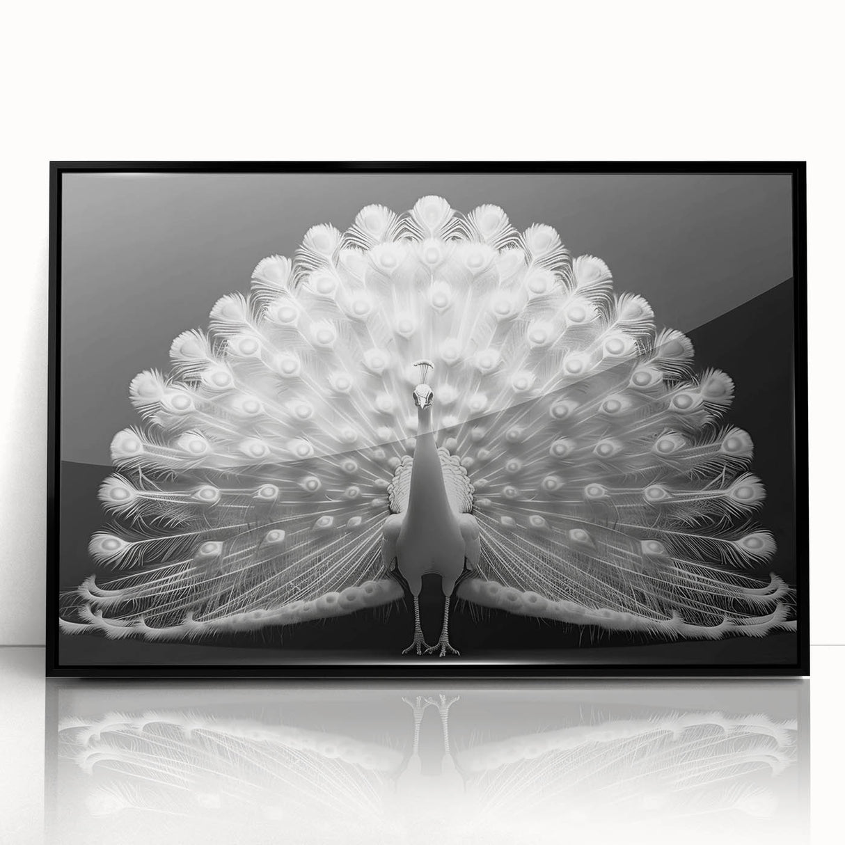 Framed acrylic wall art showcasing an intricate peacock design with vibrant colors, perfect for adding elegance to home decor. Ideal for art enthusiasts and collectors.