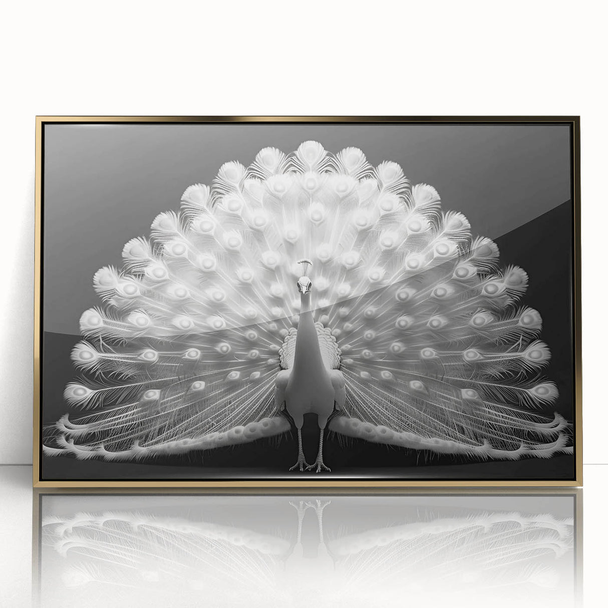 Framed wall art featuring an elegant peacock design in vibrant colors, set within a gold-accented frame, perfect for enhancing modern home decor.