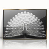 Framed wall art featuring an elegant peacock design in vibrant colors, set within a gold-accented frame, perfect for enhancing modern home decor.