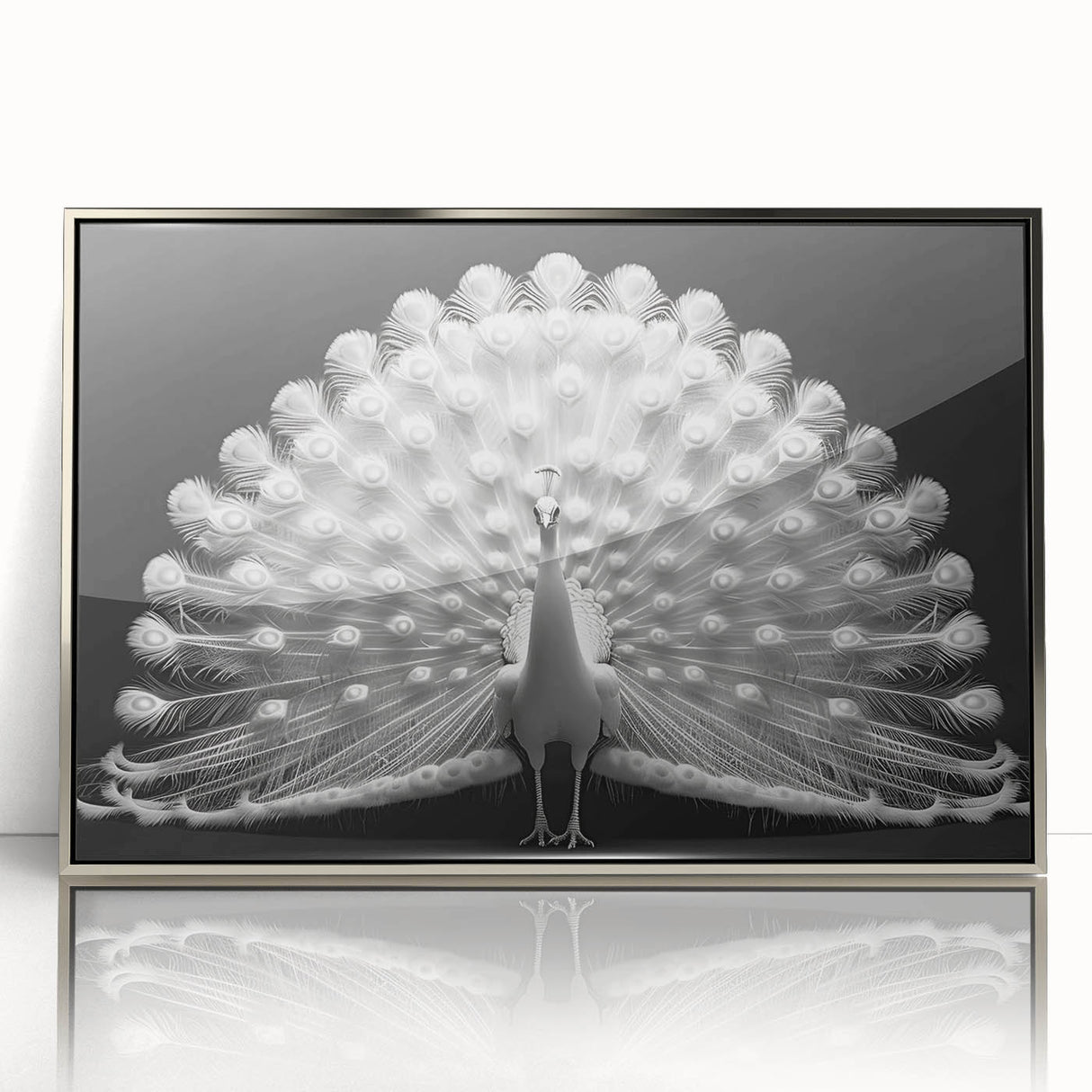 Framed wall art featuring a vibrant peacock design in shades of blue and green, showcasing intricate details and a sleek silver frame, perfect for home decor.