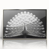 Framed wall art featuring a vibrant peacock design in shades of blue and green, showcasing intricate details and a sleek silver frame, perfect for home decor.