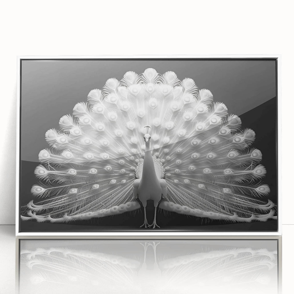 Framed wall art showcasing a vibrant peacock design in rich colors, set against a white background; ideal for adding elegance to any home decor.